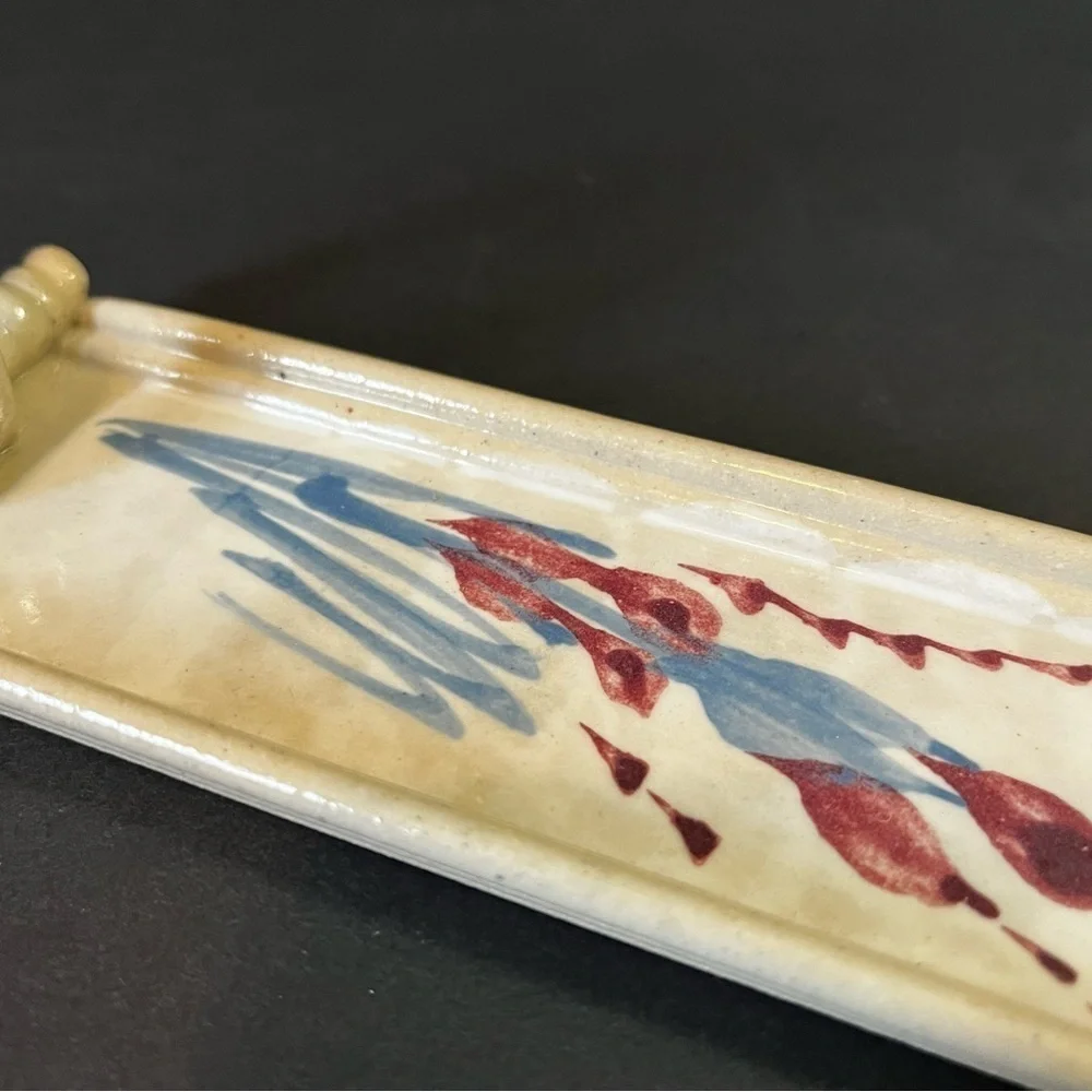 Art Pottery Butter Stick Dish Tray Handled Glazed Rolled Loop Incense Pottery